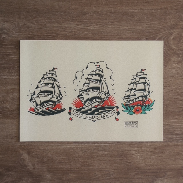 ships traditional tattoo print flash vintage